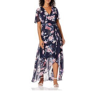 Jessica Howard Size 6 Navy Pink Floral Slit Sleeve Chiffon Dress High Low Maxi